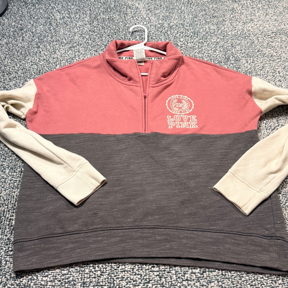 Victoria's Secret PINK Quarter Zip Pullover Sweatshirt Colorblock Pink Grey L